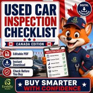 May include: A digital download used car inspection checklist for Canada featuring a cartoon fox mascot in a mechanic uniform holding a clipboard with a list of vehicle checks including history, exterior, interior, engine, test drive, and documents.