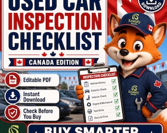 May include: A digital download used car inspection checklist for Canada featuring a cartoon fox mascot in a mechanic uniform holding a clipboard with a list of vehicle checks including history, exterior, interior, engine, test drive, and documents.