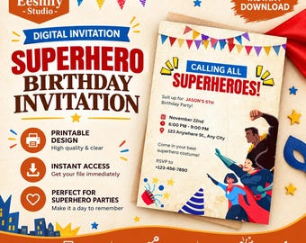 May include: A digital superhero birthday invitation template featuring colorful bunting, a city skyline, and three illustrated superheroes. The text reads Calling All Superheroes, Jason's 5th Birthday Party, November 22nd, 6:00 PM - 9:00 PM, 123 Anywhere St., Any City, and RSVP to +123-456-7890.