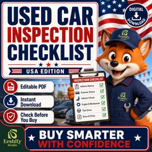 K&ouml;nnte beinhalten: Eine digitale Checkliste f&uuml;r den Gebrauchtwagenkauf mit einem Cartoon-Fuchs in blauer Uniform, der ein Klemmbrett h&auml;lt. Der Text lautet USED CAR INSPECTION CHECKLIST USA EDITION, Editable PDF, Instant Download und Check Before You Buy.