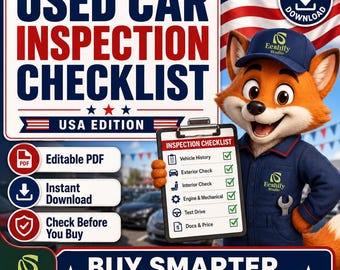 May include: A digital download used car inspection checklist featuring a cartoon fox in a blue uniform holding a clipboard. The text reads USED CAR INSPECTION CHECKLIST USA EDITION, Editable PDF, Instant Download, and Check Before You Buy.