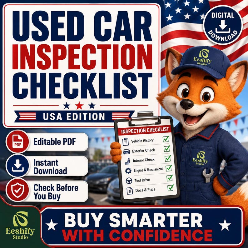 K&ouml;nnte beinhalten: Eine digitale Checkliste f&uuml;r den Gebrauchtwagenkauf mit einem Cartoon-Fuchs in blauer Uniform, der ein Klemmbrett h&auml;lt. Der Text lautet USED CAR INSPECTION CHECKLIST USA EDITION, Editable PDF, Instant Download und Check Before You Buy.