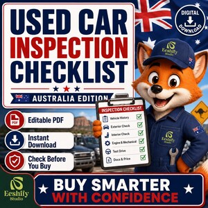 Könnte beinhalten: Eine digitale Download-Grafik für eine Gebrauchtwagen-Inspektionscheckliste Australien-Ausgabe mit einem Cartoon-Fuchs-Maskottchen in blauer Uniform, das ein Klemmbrett mit einer detaillierten Checkliste für Fahrzeugprüfungen hält.