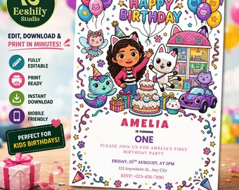 May include: A digital birthday invitation template featuring a cartoon girl, a cat, a dollhouse, a purple car, and a three-tier cake. The text reads: HAPPY BIRTHDAY, AMELIA IS TURNING ONE, PLEASE JOIN US FOR AMELIA'S FIRST BIRTHDAY PARTY, FRIDAY, 25TH AUSGUST, AT 5PM, 123 Anywhere St., Any City, RSVP: +123-456-7890.