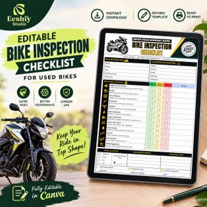 Könnte beinhalten: Eine bearbeitbare digitale Checkliste für die Inspektion von gebrauchten Motorrädern, die Abschnitte für Fahrzeug- und Kundendaten, ein detailliertes Inspektionsraster mit Symbolen sowie eine Zusammenfassung der Reparaturkosten enthält.
