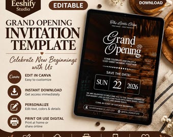 May include: A digital grand opening invitation template for a bakery displayed on a tablet screen. The text reads The Little Oven, Grand Opening, Save The Date, Sun Nov 22 2026, and includes placeholders for address and website information.
