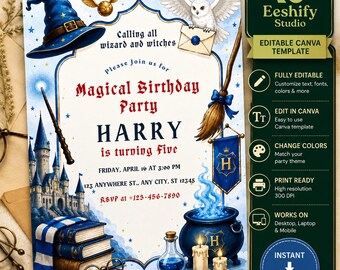 May include: A digital birthday party invitation template featuring a blue wizard hat, a white owl with a letter, a castle, a broomstick, a cauldron with blue smoke, books, and a wand. The text reads Calling all wizard and witches, Magical Birthday Party, HARRY is turning five, Friday, April 16 at 3:00 PM, 123 Anywhere St., Any City, ST 12345, and RSVP at +123-456-7890.