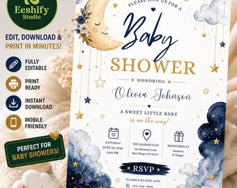 May include: A baby shower invitation template featuring a watercolor crescent moon with floral accents, navy blue clouds, and gold stars. The text reads: Please join us for a Baby Shower honoring Olivia Johnson, a sweet little baby is on the way.