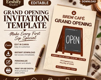 May include: A digital invitation template for a Brew Cafe Grand Opening featuring a brown chalkboard illustration with the word OPEN. The cream-colored card includes space for date, time, address, and RSVP details, accompanied by a brown pen.