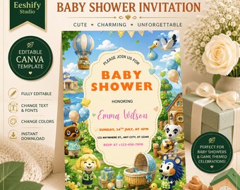 May include: An Animal Crossing themed baby shower invitation template featuring a light yellow scalloped center panel with orange text reading BABY SHOWER and pink text reading Emma Wilson, surrounded by game characters, a hot air balloon, and gifts.