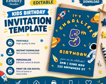 May include: A digital kids birthday invitation template featuring a dark blue space theme with planets, a rocket, and an astronaut. The text reads It's Charllies 5th Birthday, join us to celebrate, 3pm, 22nd Nov, 123 Anywhere St.