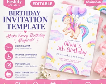 May include: A birthday invitation template featuring a watercolor unicorn holding purple and blue balloons, surrounded by clouds, stars, and a rainbow. The text reads Olivia's 5th Birthday, 22 November at 6:00pm, with placeholder address and phone number details.