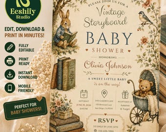 May include: A vintage-style baby shower invitation card featuring a rabbit reading a book, a stack of antique books, a teddy bear in a carriage, and floral illustrations. The text includes details for Olivia Johnson's baby shower on June 28, 2026, at The Garden Cafe, with RSVP information and registry details for Amazon and Target.