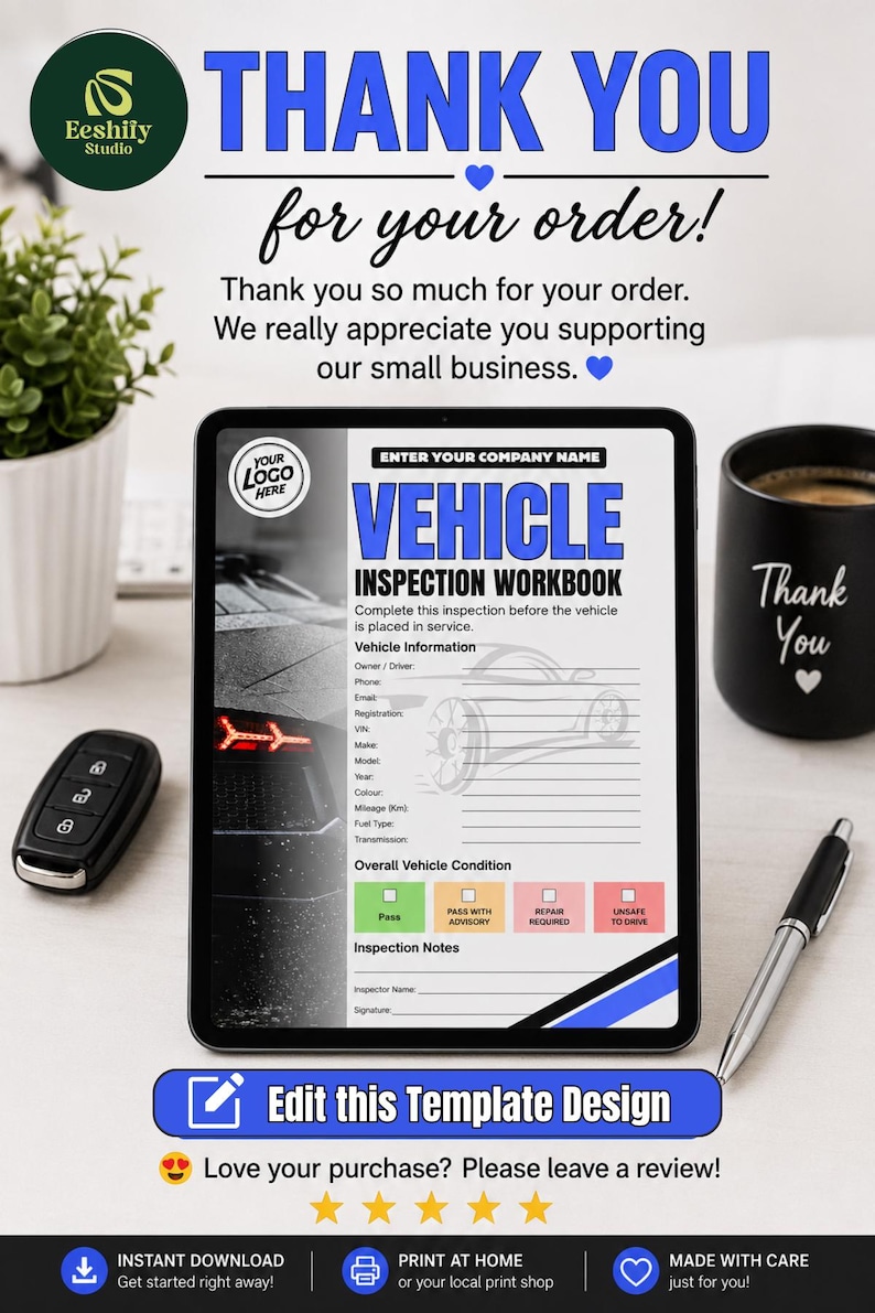 May include: A digital tablet displaying a Vehicle Inspection Workbook template with fields for vehicle information, owner details, and condition status. The screen features blue and black text, a car outline, and four color-coded inspection boxes.