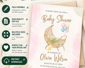 May include: A rectangular baby shower invitation card featuring a watercolor illustration of a crescent moon cradle with balloons. The text reads: Please join us for a Baby Shower, in honor of Olivia Wilson, August 22 at 3PM, 123 Anywhere St.