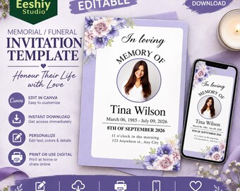 May include: A memorial funeral invitation template featuring a purple border with floral accents, a circular photo frame, and text reading In loving memory of Tina Wilson, March 06, 1985 - July 09, 2026, 8th of September 2026, 11 o'clock in the morning.