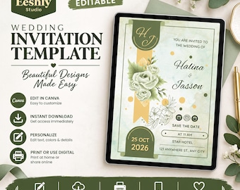 May include: A digital wedding invitation template displayed on a tablet screen featuring a sage green and gold color palette with floral illustrations, the names Halina and Jasson, the date 25 Oct 2026, and text including Star Hotel and any city.