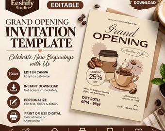May include: A digital grand opening invitation template featuring coffee-themed graphics, including a cup and coffee beans. The text reads Grand Opening, Rimberic Coffee, 25% off, Oct 20th 6pm-9pm, and 123 Anywhere St, Any City, ST 12345.