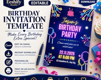 May include: A digital birthday invitation template featuring neon-style graphics of balloons, fireworks, and a cake on a dark blue background. The text reads Jason's BIRTHDAY PARTY, 22.11.2026 AT 6:00 PM, and 123 Anywhere St., Any City.