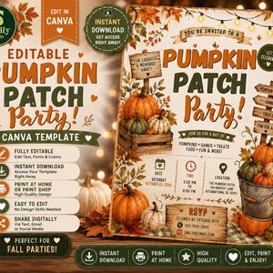 May include: An editable digital invitation template for a Pumpkin Patch Party featuring orange and white pumpkins, autumn leaves, and string lights. The text includes event details, date, time, location, and RSVP information on a rustic background.