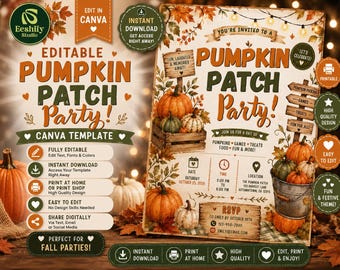 May include: An editable digital invitation template for a Pumpkin Patch Party featuring orange and white pumpkins, autumn leaves, and string lights. The text includes event details, date, time, location, and RSVP information on a rustic background.
