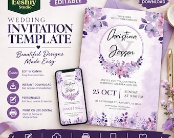 May include: A wedding invitation template featuring a purple watercolor floral design with the names Christina and Jasson. The invitation displays the date 25 OCT, Sunday at 9:00 PM, and a placeholder address. A smartphone shows the same design.