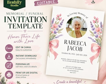 May include: A memorial funeral invitation template featuring watercolor floral illustrations of pink and purple flowers with a pink ribbon. The design includes a circular photo frame, the name Rabeeca Jacob, dates, and event details on a white background.