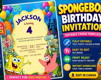 May include: A SpongeBob SquarePants birthday invitation template featuring SpongeBob, Patrick, and Squidward. The design includes a yellow central text area with the name Jackson, age 4, and party details. The background shows a pineapple house and balloons.