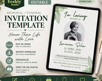 May include: A digital memorial funeral invitation template displayed on a tablet screen. The design features a black and white portrait of a person, green palm leaf accents, and text including In Loving Memory of Luciana Silva, dates, and event details.
