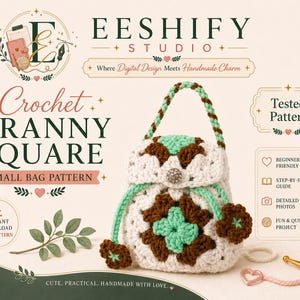 Puede incluir: Un pequeño bolso de ganchillo hecho con cuadrados granny en hilo verde menta, marrón oscuro y crema. El bolso cuenta con un cierre de cordón con extremos en forma de flor, un asa y un botón central. El texto incluye EESHIFY STUDIO y CROCHET GRANNY SQUARE SMALL BAG PATTERN.