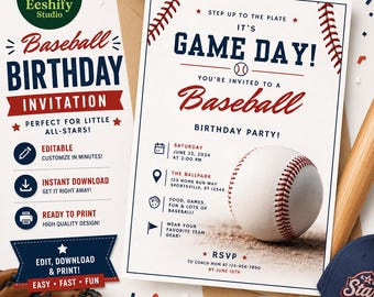 May include: A baseball-themed birthday invitation card featuring red and blue text on a white background. The card displays the text 'IT'S GAME DAY!' and 'BASEBALL BIRTHDAY PARTY!' alongside a baseball graphic, event details, and an RSVP section.