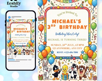 May include: A digital birthday invitation template featuring Looney Tunes characters, colorful balloons, and confetti. The text reads: You're Invited To MICHAEL'S 3RD BIRTHDAY, Birthday Vibes Only!, MICHAEL IS TURNING THREE!, SUNDAY, 24TH JULY, AT 8PM.