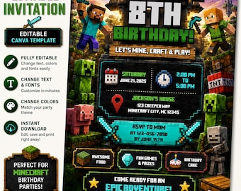 May include: An editable digital birthday invitation template featuring Minecraft-themed graphics, including characters like Steve, a Creeper, and a pig. The text reads Jackson's 8th Birthday, Let's Mine, Craft & Play, with placeholders for date, time, and location.