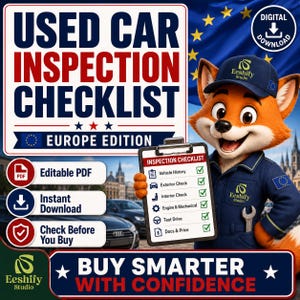 Könnte beinhalten: Ein digitaler Download mit einem Cartoon-Fuchs in blauer Uniform, der ein Klemmbrett mit der Aufschrift Inspection Checklist hält. Die Liste enthält Checkboxen für Fahrzeughistorie, Außen, Innen, Motor, Probefahrt und Dokumente. Text: Used Car Inspection Checklist Europe Edition.