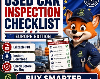 May include: A digital download featuring a cartoon fox wearing a blue uniform and cap, holding a clipboard titled Inspection Checklist with checkboxes for vehicle history, exterior, interior, engine, test drive, and documents. Text reads Used Car Inspection Checklist Europe Edition.