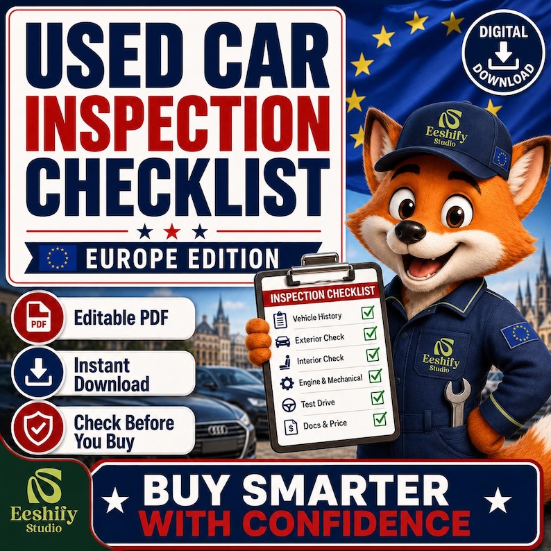 May include: A digital download featuring a cartoon fox wearing a blue uniform and cap, holding a clipboard titled Inspection Checklist with checkboxes for vehicle history, exterior, interior, engine, test drive, and documents. Text reads Used Car Inspection Checklist Europe Edition.