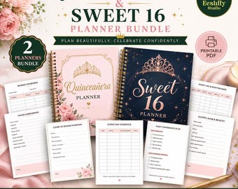 May include: A Quinceanera and Sweet 16 planner bundle featuring two spiral-bound planners, one in light pink with a gold crown and floral accents, and one in dark blue with a rose gold crown and star motifs, alongside several printable planning sheets.