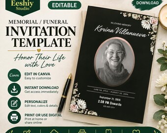 May include: A black memorial funeral invitation template featuring a central oval frame with a grayscale portrait of a person, floral accents, and text including In Loving Memory, Korina Villanueva, June 08, 1953 - August 15, 2026, and September 21, 2026.