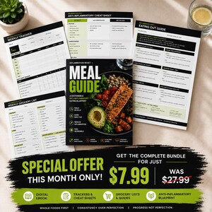 May include: A collection of printed meal planning documents including a meal guide, weekly tracker, grocery list, anti-inflammatory cheat sheet, and eating out guide. The central meal guide features a photograph of salmon, avocado, and quinoa.