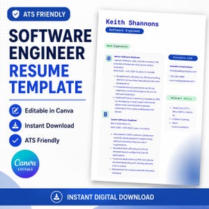 May include: A digital resume template for a software engineer featuring the text ATS FRIENDLY, SOFTWARE ENGINEER RESUME TEMPLATE, Editable in Canva, Instant Download, and a sample resume for Keith Shannons with work experience and skills.