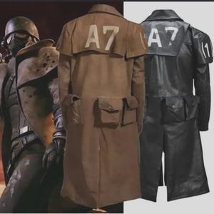 May include: A long duster coat featuring a wide collar, shoulder capelet, and two front pockets. The back of the coat displays the text A7 in large lettering. The coat is shown in two color variations, one in brown and one in black, with a matching helmet.