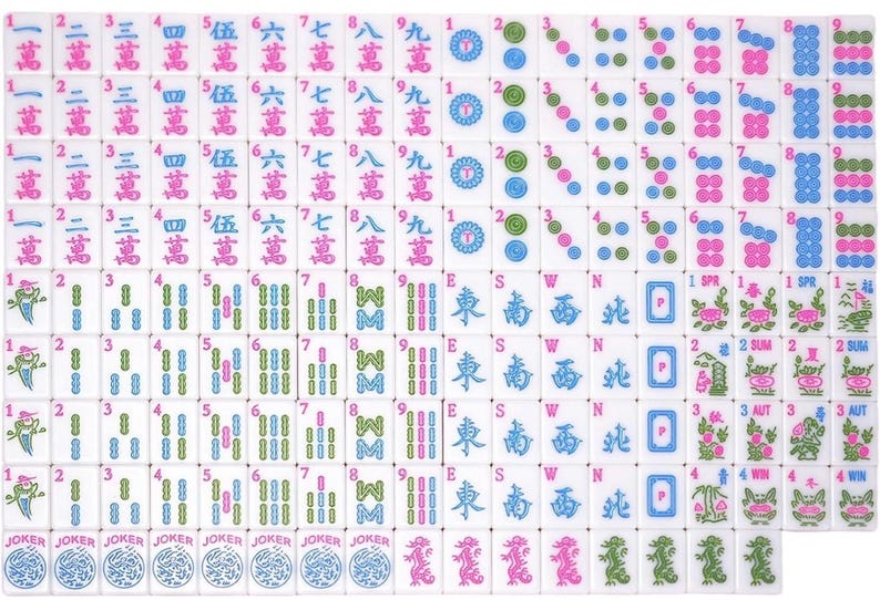 May include: A complete set of white Mahjong tiles featuring colorful engraved characters, bamboo sticks, circles, wind directions, dragons, flowers, seasons, and joker tiles. Each tile displays distinct red, blue, green, and pink ink designs.