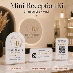 Zestaw akrylowych znaków na recepcję | Logo, nazwa użytkownika na Instagramie, znaki z kodem QR