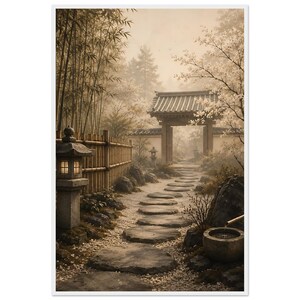 Puede incluir: Una impresión de arte mural en tonos sepia que muestra un sendero de jardín japonés con piedras de paso que conducen a una puerta de madera. La escena incluye una linterna de piedra, una valla de bambú y cerezos en flor en un entorno brumoso.