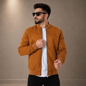 Könnte beinhalten: Eine hellbraune Wildleder-Bomberjacke mit geripptem Kragen, Bündchen und Saum sowie einem durchgehenden Frontreißverschluss. Die Jacke wird über einem schlichten weißen T-Shirt getragen, kombiniert mit einer schwarzen Hose und einer dunklen Sonnenbrille.