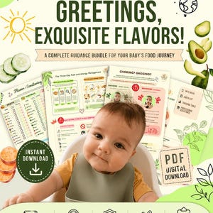 Puede incluir: Un paquete digital de diarios de alimentación complementaria de 6 meses para bebés. El documento incluye texto como Greetings, world! GREETINGS, EXQUISITE FLAVORS!, A COMPLETE GUIDANCE BUNDLE FOR YOUR BABY'S FOOD JOURNEY y PDF DIGITAL DOWNLOAD.
