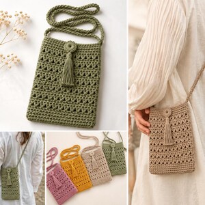 May include: A rectangular crochet crossbody bag featuring a triangular openwork pattern, a long shoulder strap, and a central button closure with a hanging tassel. The bag is available in olive green, pink, yellow, beige, and sage green colors.