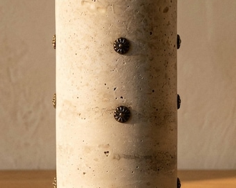Handmade Travertine Vase with Antiqued Metal Accents, Natural Stone Cylinder Vessel, Organic Modern Wabi Sabi Decor