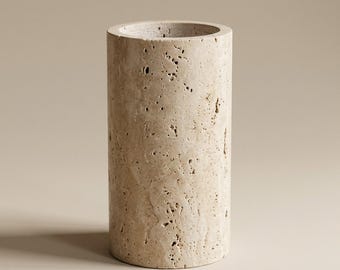 Travertine Cylinder Vase, Handmade Natural Stone, Organic Modern Wabi Sabi Decor