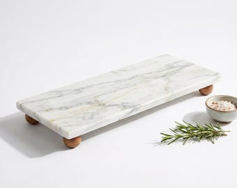 White Marble Serving Board with Wooden Feet, Charcuterie Cheese Platter